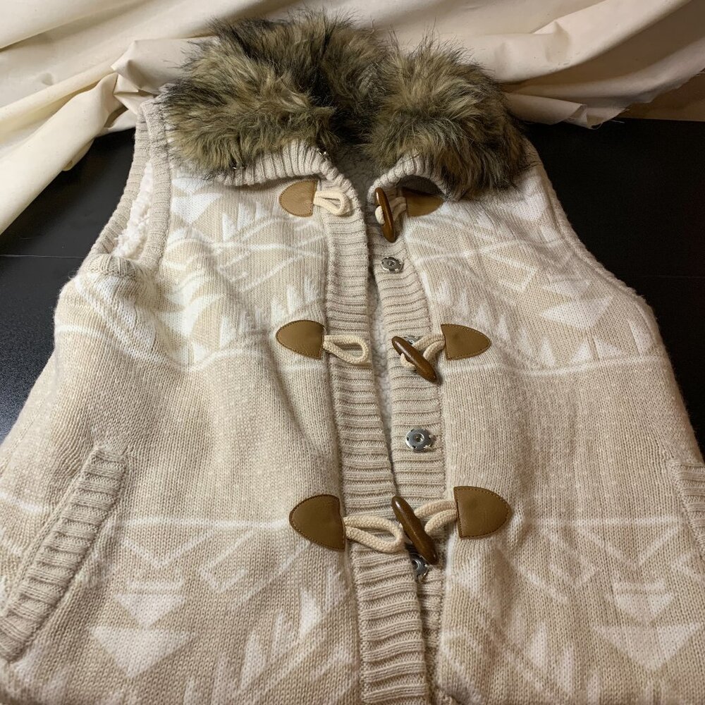 Pink Rose Cream and Tan Vest with Faux Brown Fur XL